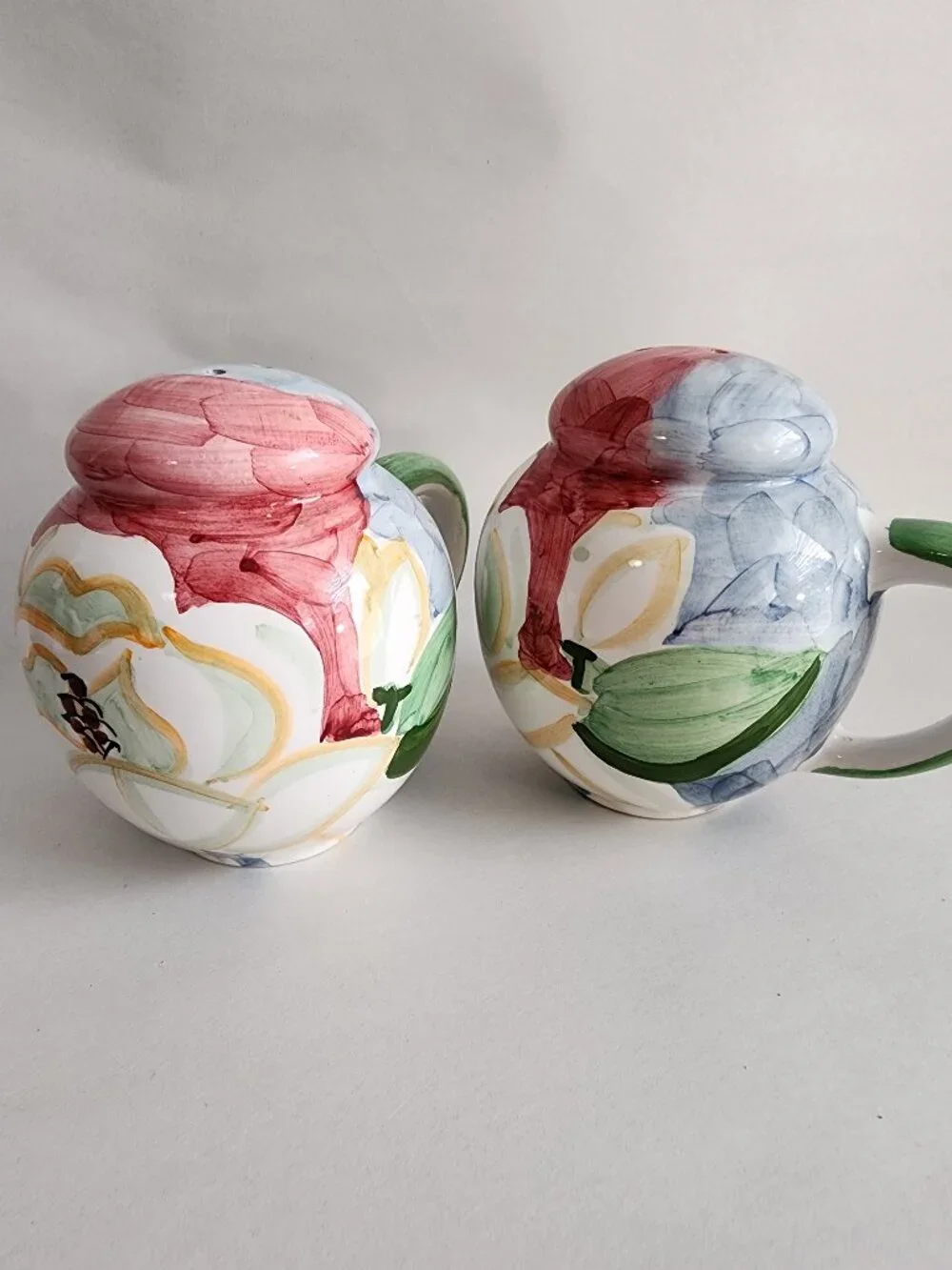 Hand Painted Floral Ceramic Salt & Pepper Shakers with Handles Set of 2